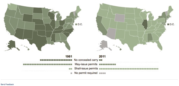 Количество штатов разрешающих скрытое ношение оружие существенно увеличилось