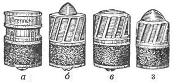 Эволюция пуль Бреннеке, версия №1: а - модель 1915 г. (12-й калибр); б - модель 1930 г. (12-й калибр); в - модель 1935 г. (12-калибр); г - модель 1935 г. (16-й калибр)