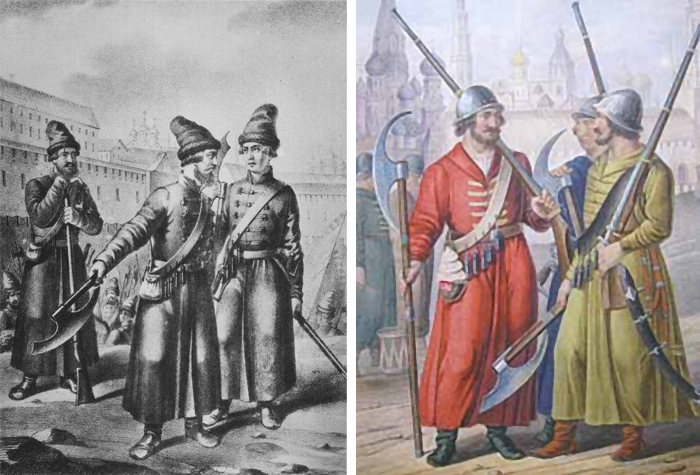 Московские стрельцы, конец XV века. Для зарядки фитильных ружей применялись берендейки