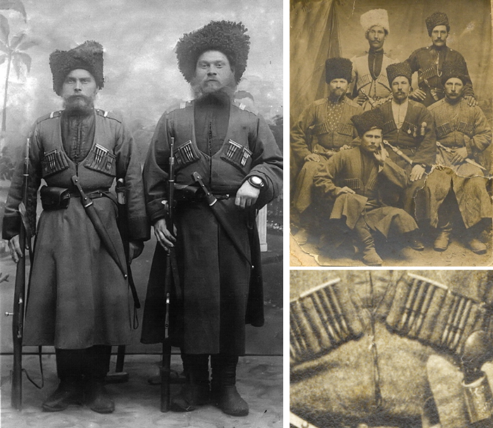  Кубанские казаки периода Первой мировой войны. В нагрудные газырницы вставлены обоймы с патронами. 