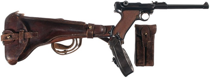 Знаменитый пистолет Luger “Артиллерийская модель” с длинным стволом, магазином повышенной емкости и объемным прикладом, Первая Мировая война.