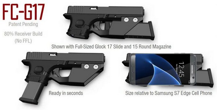 Полноразмерный кожух-затвор от Glock 17 и магазин на 15 патронов. Готов к стрельбе за секунды. Размеры сопоставимы с телефоном Samsung S7 Edge.