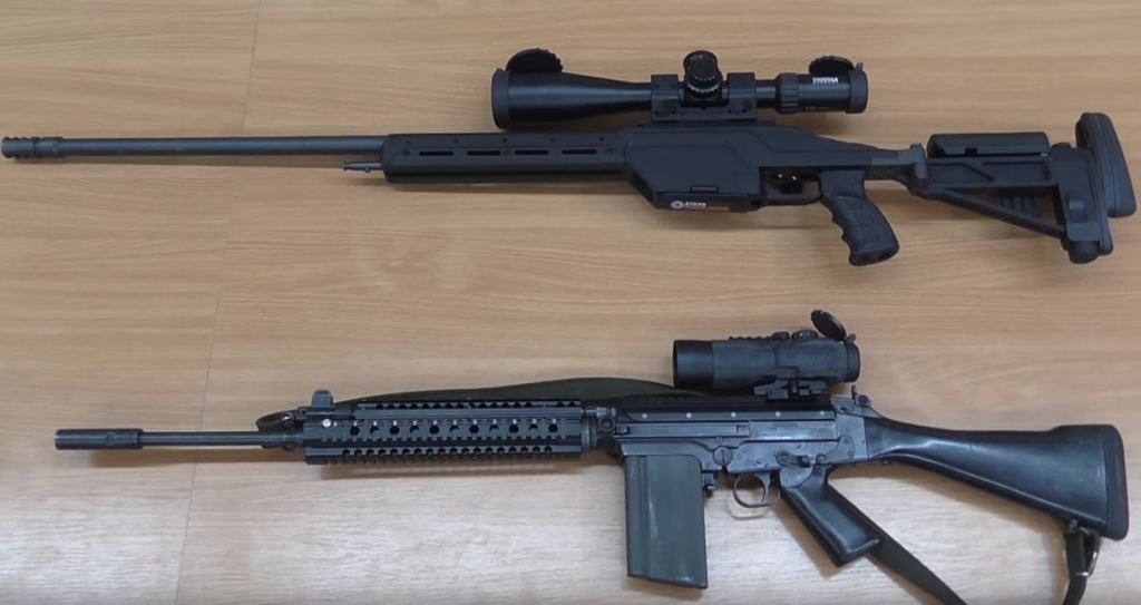Steyr Mannlicher, I think an SSG 08, with a Steiner rifle scope, not bad. FN FAL with Picatinny fore end.  The SSG rifle looks brand new and even has the Steyr Mannlicher sticker on the magazine. If you know anyone who is missing his/hers I’m sure the SBU would like to know.