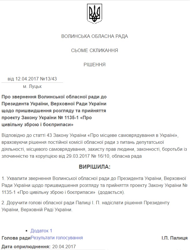Рішення Волинської обласної ради, опубліковане на її офіційному сайті.