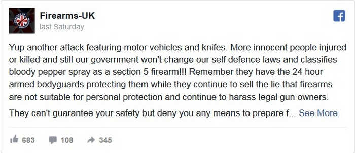 Повідомлення групи Firearms-UK у Facebook