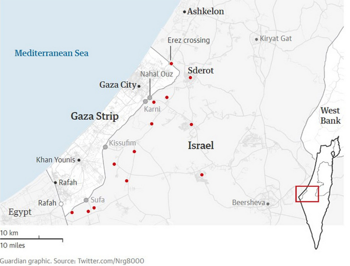 Карта з ізраїльськими населеними пунктами, в які увійшли сьогодні бойовики ХАМАС.