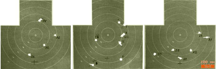 Результаты отстрела патроном F164RS фирмы Federal Ammunition. Дистанция (слева направо) 35/35/50 метров. Тройник Hubertus с дробовыми стволами 16-го калибра, расположенными горизонтально (чок/получок). Стрельба с рук.