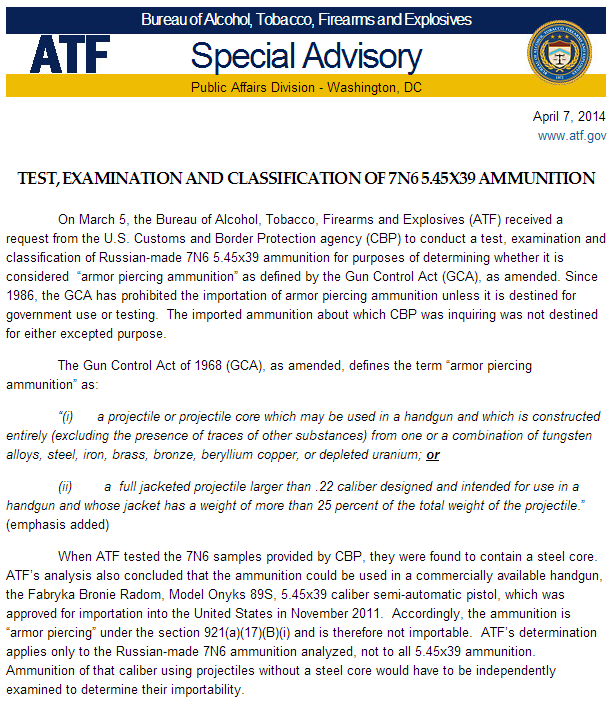 ATF офіційно заборонила імпорт російських набоїв зі сталевим сердечником 7Н6 калібру 5.45×39