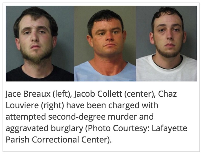 Джейс Бро, Джейкоб Коллетт и Чез Лувьер были арестованы по подозрению в попытке совершения убийства второй степени и краже со взломом
