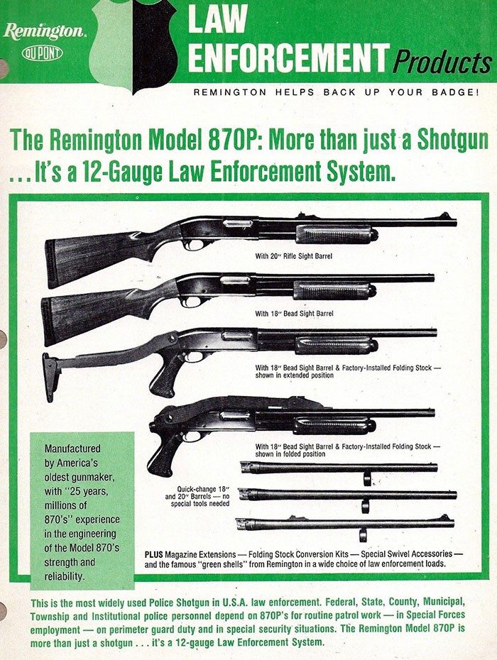 Ничто не ново под солнцем: рекламный плакат 1970-х годов, описывающий дробовик Remington 870 для полиции. Обратите внимание на короткие стволы, складывающийся приклад, прицельные приспособления и увеличенные магазины
