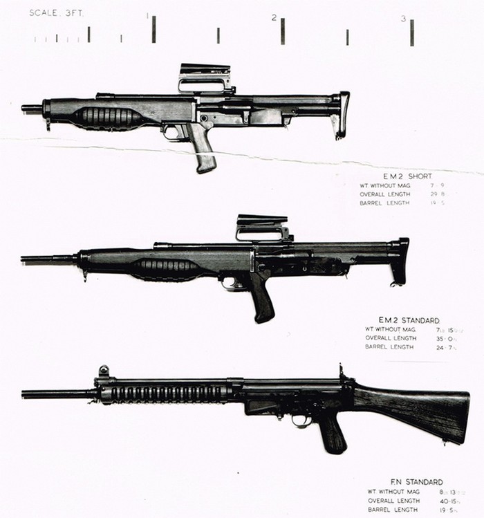 Опытные винтовки EM-2 (в стандартном и укороченном вариантах) и FN FAL.