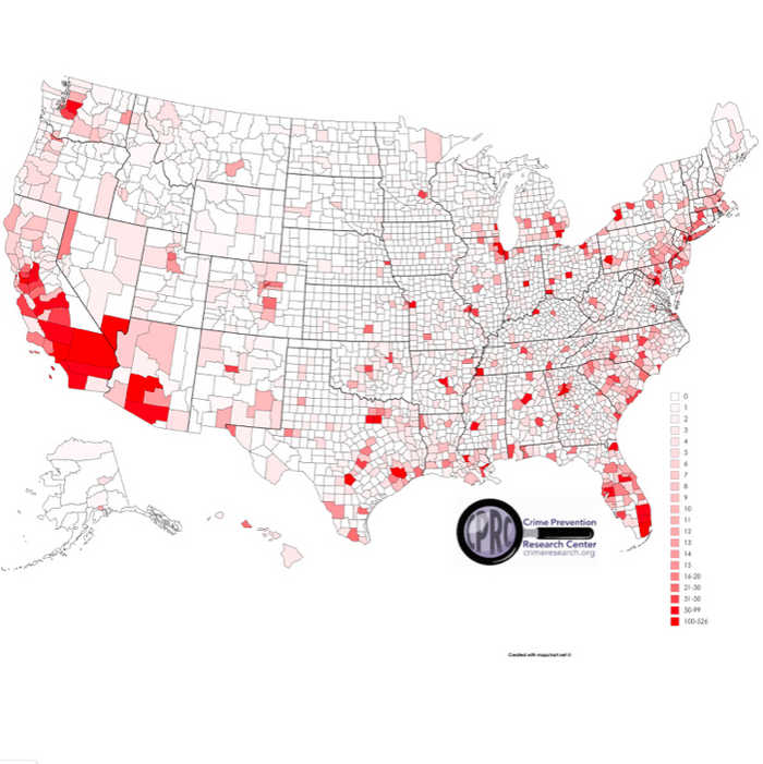 Округи США. Красным выделены округа с наибольшим количеством убийств.