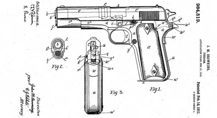 Напівавтоматичний пістолет під патрон .45 ACP авторства Джона Браунінга прийняли на озброєння армією США 29 березня 1911 року. Незабаром кілька великих партій цих армійських пістолетів будуть розпродані на цивільному ринку.
