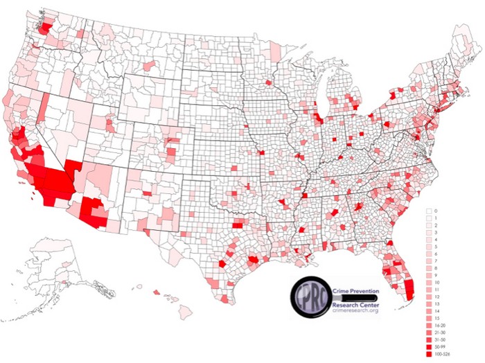 Концентрация убийств по графствам в различных штатах США.