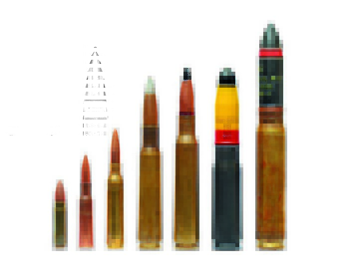 Зліва направо: 9х39 мм, 7,62 х 54R, .338 Lapua Magnum, .50 BMG, 12,7x108 мм, 20х81 мм Mauser та 20x110 мм.