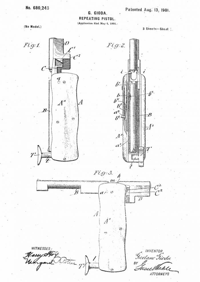 Патент на складний пістолет Гаетано Гіоди 1901 р.
