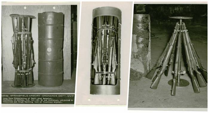 Бочка з 10 гвинтівками M1 Garand, аксесуарами до них та мішками з десикантом важила 79 кг.
