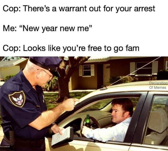 Коп: у мене є ордер на ваш арешт. Я: Новий рік – новий я. Коп: щасливої дороги, друже.