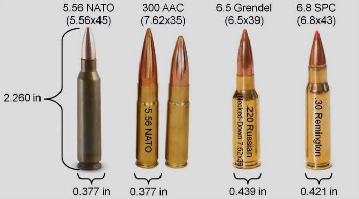   Сравнительные размеры стандартного патрона 5,56×45 мм и опытных боеприпасов 