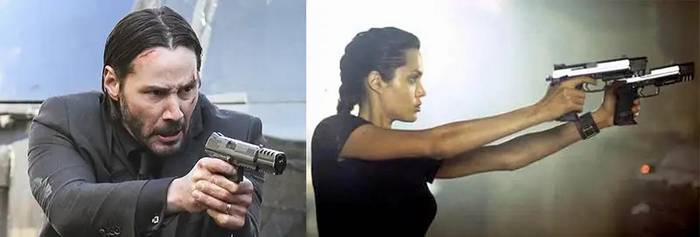 Джон Вік та Лара Крофт озброєні пістолетами HK з ДТК, які чудово виглядають на екрані, проте у реальному житті роблять зброю важчою та не такою ергономічною для прихованого носіння.