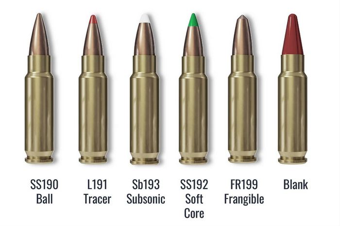 FN пропонує широкий вибір службових боєприпасів (зліва направо): суцільнометалева оболонка, трасуючі, дозвукові, м'які, ламкі й холості патрони.