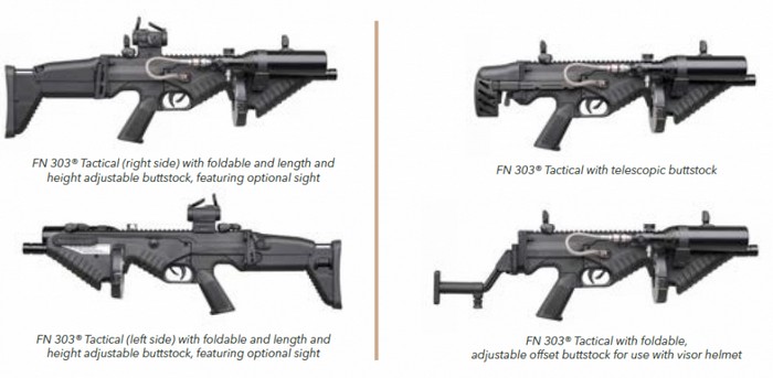 Можливі конфігурації FN 303 Tactical, які включають телескопічний та офсетний приклади для використання в парі з захисним шоломом.
