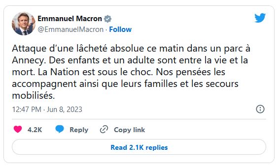 Президент Франції Еммануель Макрон назвав напад актом 