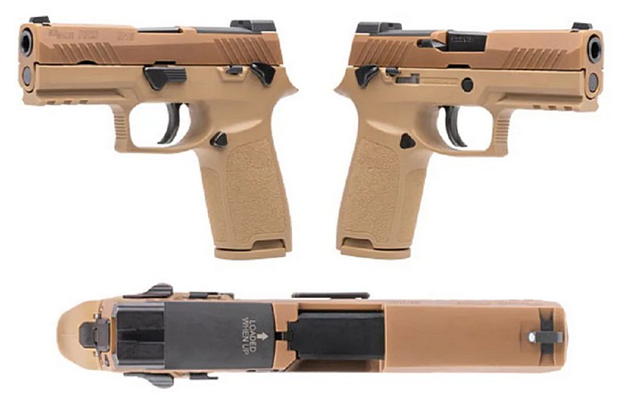 SIG Sauer P320-M18 California Compliant – це пістолет під набій 9 мм у кольорі FDE, сумісний з коліматорними прицілами, і який має амбідекстральний прапорцевий запобіжник.