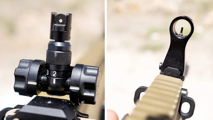 Цілик у FN SCAR регулюються по горизонталі та вертикалі, тоді як мушка – лише по вертикалі.