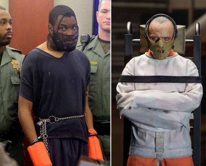 Нападника доставили у суд у кайданках, в масці, що захищала обличчя від плювків, і в помаранчевих наручниках. Нікого не нагадує?