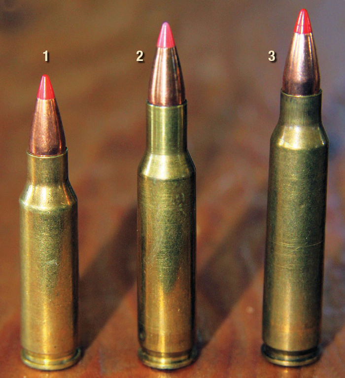 Для порівняння наведені патрони: 1 - .221 Remington Fireball, 2 - .222 Remington та 3 - .223 Remington, усі з 40-грановими кулями з полімерним наконечником.