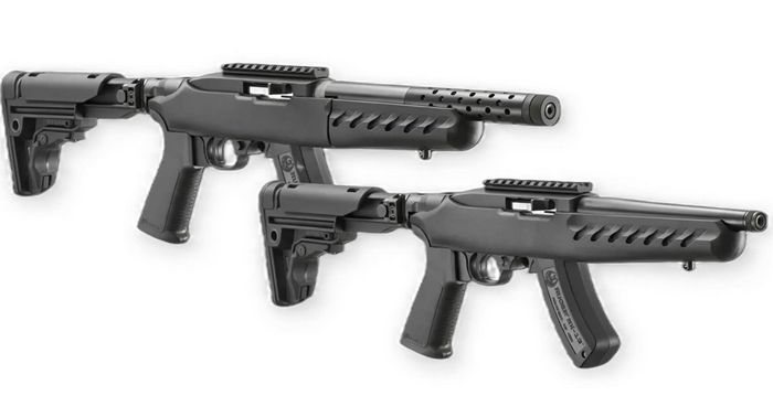  10/22 SBR доступний з 8”/203 мм або 10”/254 стволом.  10-дюймова модель (вгорі ліворуч) є розбірною гвинтівкою і комплектується стволом, закріпленим всередині гільзи з алюмінієвого сплаву