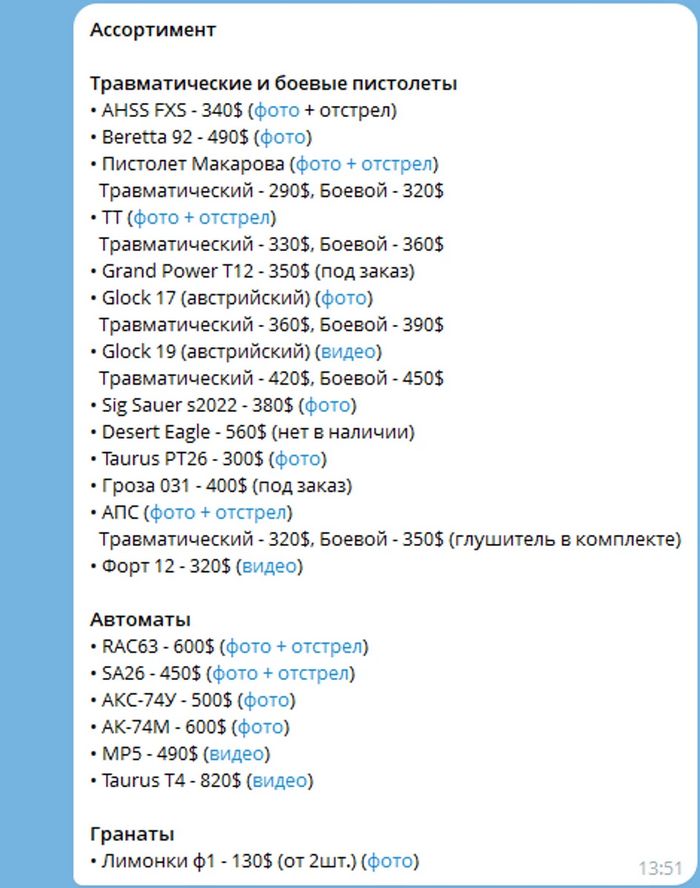 Асортимент зброї в одному з нелегальних магазинів