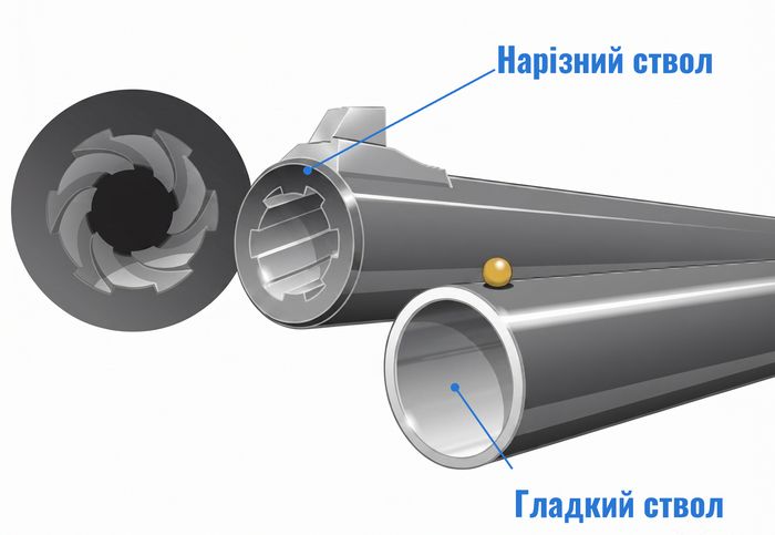 Канал ствола зсередини: нарізний має спіральні нарізи, гладкий — рівну поверхню.